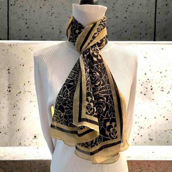 Vintage Floral Scarf Black Tan Wrap Retro Mid Century Mod Lightweight Oblong - Picture 4 of 6